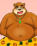  2019 anthro belly blush brown_body brown_fur clothing eyewear fur glasses hi_res male mammal navel overweight overweight_male pink_background simple_background solo tokyo_afterschool_summoners underwear ursid video_games volos yaki_atsuage 