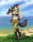  2018 ambient_bird ammunition anthro avian beach bird blue_eyes boots bottomwear breasts chikachi clothing cloud dannyckoo day detailed_background domestic_cat felid feline felis female footwear fur gloves grass grey_body grey_fur gun hand_on_hip handwear hi_res holding_object holding_weapon machine_gun mammal navel outside pants ranged_weapon sand seaside smile solo standing tresertf water weapon 