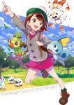 1girl :d arm_up backpack bag bangs blue_sky blush boots brown_eyes brown_footwear brown_hair building cardigan cloud cloudy_sky collared_dress commentary_request copyright_name day dress eyebrows_visible_through_hair female_protagonist_(pokemon_swsh) fire galarian_form galarian_ponyta gen_8_pokemon green_headwear green_legwear grey_cardigan grookey highres holding_strap leaf long_sleeves nishimura_eri open_mouth outstretched_arm pink_dress plaid plaid_legwear pokemon pokemon_(game) pokemon_swsh scorbunny sheep sky smile sobble socks standing standing_on_one_leg tam_o&#039;_shanter tree twitter_username upper_teeth water wooloo 