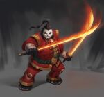 2015 anthro asian_clothing bear belt blizzard_entertainment clothing east_asian_clothing flaming_sword giant_panda grey_background hair hi_res holding_melee_weapon holding_object holding_sword holding_weapon male mammal melee_weapon pandaren ponytail red_clothing simple_background solo standing sword ugo_chiola warcraft weapon