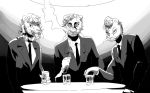  agata_(beastars) anthro beastars caravan_palace chokiedokie clothed clothing cosplay crossover drinking_glass felid fully_clothed greyscale group lion lone_digger male mammal monochrome pantherine sitting smoking suit tongue tongue_out voss_(beastars) 