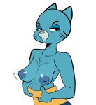  2019 anthro blue_body blue_fur breasts cartoon_network clothed clothing digital_media_(artwork) domestic_cat felid feline felis female fur gabbah half-closed_eyes hi_res mammal mary_senicourt mature_female nipples partially_clothed simple_background solo the_amazing_world_of_gumball white_background 