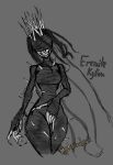  2019 bandage big_hands blade blindfold breasts claws digital_media_(artwork) eremite_kyton female hair hi_res humanoid looking_at_viewer medicinal_succ monochrome monster_girl_(genre) not_furry pathfinder simple_background smile solo spikes thick_thighs wide_hips wrapped 