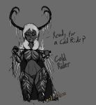  2019 abs antlers armor cloak clothed clothing cold_rider dialogue digital_media_(artwork) female fey fur grin hi_res horn humanoid ice medicinal_succ monochrome monster_girl_(genre) pathfinder simple_background smile solo teeth whip wide_hips 