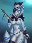  2019 2_tails animal_genitalia animal_pussy anthro armor blue_eyes bone breasts canid canine canine_pussy etis female fox fur headgear helmet hi_res holding_object looking_at_viewer mammal markings melee_weapon multi_nipple multi_tail nipples nude outside padjetxharrington polearm pussy simple_background skull skull_helmet solo spear tribal weapon white_body white_fur wristband 