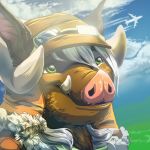  1:1 2016 brown_body brown_fur clothing day detailed_background digital_media_(artwork) fur green_eyes hair hat headgear headshot_portrait headwear mammal outside portrait sky smile suid suina sus_(pig) white_hair wild_boar wolfroad 