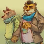  2016 anthro bottomwear canid canine clothing duo felid hand_holding ikaring male male/male mammal pantherine pants scarf shirt tiger topwear 