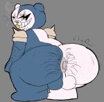 2026 absurd_res anthro anus ass_clapping balls bear bent_over big_butt blue_body bodily_fluids butt danganronpa danganronpa_v3 digital_media_(artwork) feral genitals hairy hi_res looking_at_viewer looking_back male mammal monokid monokub nude presenting rear_view rom4ncevisualnovel solo spike_chunsoft spikes sweat twerking