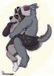  2019 anthro canid canine canis clothed clothing cuddling dave_(password) duo ear_piercing ear_ring elalvaradog eyes_closed fur furgonomics grey_body grey_fur hand_on_chest happy hi_res humanoid_hands hyaenid legwear lying male male/male mammal password_(grizz) piercing simple_background smile socks spooning striped_hyena topless tyson_(password) underwear white_clothing white_legwear white_socks wolf 