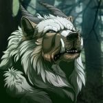  1:1 2016 anthro black_lips black_nose canid canine day detailed_background digital_media_(artwork) forest fur horn hybrid lips male mammal outside solo teeth tree white_body white_fur wolfroad 