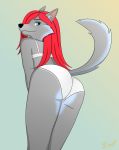  anthro bra butt canid canine canis clothing female fur green_eyes grey_body grey_fur hair hi_res long_hair long_tail mammal painted panties pinup pose red_hair simple_background solo underwear white_clothing white_panties white_underwear wolf zowslli 
