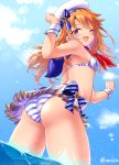  1girl armpits ass bare_shoulders bikini blue_eyes blue_sky bow chiyosuke_(nosuke21) commentary_request from_below hat hat_bow hat_ribbon highres idolmaster idolmaster_cinderella_girls long_hair looking_at_viewer looking_back microskirt neckerchief one_eye_closed orange_hair pleated_skirt red_neckwear ribbon sailor_collar sailor_hat skirt sky solo striped striped_bikini swimsuit twitter_username water wrist_cuffs yuuki_haru 