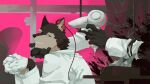 16:9 absurd_res anthro aro_rouon blood blood_splatter bodily_fluids brown_body brown_fur canid canine clothed clothing disembodied_hand dryer english_text fur furloid green_eyes group hair_dryer hand_holding hi_res holding_chin looking_back male mammal mbek pink_background simple_background smile text trio utau widescreen