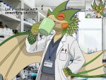 4:3 anthro beverage bird_wyvern capcom clothed clothing container cup dragon european_mythology flying_wyvern male monster_hunter mythological_creature mythological_scalie mythology pukei-pukei scales scalie smile solo text western_dragon wings wonderin_dragon wyvern