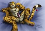 2016 abs accessory anthro bedding bedding_background bell bodily_fluids brown_nose dated erection facial_markings felid front_view fur furgonomics genital_fluids genitals green_eyes head_markings head_tuft hufnaar humanoid_genitalia humanoid_penis looking_at_viewer lying male male_anthro mammal markings mouth_closed muscular muscular_anthro muscular_male nude on_back pantherine pawpads pecs penis precum precum_string presenting presenting_balls presenting_penis red_pawpads red_penis signature solo striped_arms striped_body striped_face striped_fur striped_legs striped_markings striped_tail stripes tail tail_accessory tail_bell tail_markings tiger tuft ulbrek
