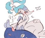  avian beak bird blue_eyes blue_hair blush bodily_fluids digital_media_(artwork) duo hair long_hair male mammal marine nintendo ouob pinniped pok&eacute;mon pok&eacute;mon_(species) primarina simple_background swanna video_games wings 