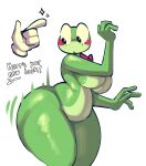 2026 absurd_res amphibian anthro astonarts big_breasts big_butt bow_tie breasts butt cheek_spots countershade_face countershade_torso countershading dialogue disembodied_hand english_text eyelashes featureless_breasts female female_anthro frog glitch_productions green_body hi_res huge_butt huge_hips huge_thighs looking_at_own_butt non-mammal_breasts ribbit_(tadc) simple_background solo text the_amazing_digital_circus thick_thighs white_background wide_hips