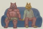  2016 anthro bottomwear canid canine clothing duo furniture ikaring male mammal overweight overweight_male pants shirt shorts sitting sofa suid suina sus_(pig) topwear wild_boar 