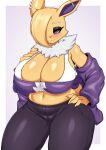 anthro arm_tuft big_breasts black_eyeshadow blush bottomwear bra breasts camel_toe cleavage clothed clothing displaced_clothing eeveelution eyelashes eyeshadow female female_anthro fur generation_1_pokemon grey_eyes hair hair_over_eye hand_on_breast hand_on_hip hi_res huge_breasts jolteon kaminari_(gammainks) long_eyelashes looking_at_viewer makeup midriff navel nintendo one_eye_obstructed pants piercing pokemon pokemon_(species) purple_sclera purple_sweatshirt smile solo sportswear sweatshirt tail tailzkim thick_thighs tuft underwear white_bra white_clothing white_ruff white_underwear wide_hips yellow_body yellow_fur yoga_pants