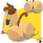 1:1 2026 anthro anus armwear armwear_only big_breasts big_butt breasts brown_eyebrows brown_hair brown_tail butt cellulite clothing digital_media_(artwork) domestic_cat eyebrows felid feline felis female female_anthro footwear gameoverse genitals geometric_background glitch_productions hair hi_res huge_breasts huge_butt kenxwhack kit_bodega looking_at_viewer looking_back mammal mostly_nude nude red_eyes side_boob simple_background smile solo suntan tail tan_body tan_line vulva whiskers yellow_armwear yellow_clothing yellow_footwear