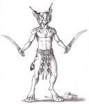  0laffson 2019 4_toes 5_fingers anthro digitigrade felid feline fingers hi_res holding_object holding_sword holding_weapon looking_at_viewer lynx male mammal melee_weapon simple_background smile solo sword toes traditional_media_(artwork) weapon white_background 
