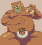  2016 anthro balls brown_body brown_fur doughnut food fur humanoid_hands humanoid_penis ikaring male mammal moobs nipples overweight overweight_male penis simple_background solo ursid 