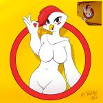 1:1 absurd_res anthro avian avian_caruncle big_breasts bird black_eyes blush breasts chicken comb_(anatomy) featureless_breasts featureless_crotch female galliform head_crest hi_res la_pechugona navel non-mammal_breasts non-mammal_navel phasianid smile solo spanish_text text thick_thighs vulpesnay white_body wide_hips