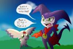 absurd_res alcoholictails anthro bandai_namco calumon clothing digimon digimon_(species) duo english_text gesture gloves green_eyes hand_gesture handwear hi_res imp impmon kerchief male meme multicolored_body pointing pointing_at_another purple_body purple_skin red_clothing red_gloves red_handwear red_kerchief spade_tail speech_bubble tail text two_tone_body waving white_body white_skin
