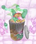2024 anthro arms_tied artist_name avali bound diaper eyebrows fructoruu fur green_body green_eyebrows green_fur hi_res levi_(fatcat4t4) locked locked_diaper male number object_in_mouth pacifier pacifier_in_mouth paws plushie prison prisoner smelly solo stink_fumes stuck tail tally_marks teddy_bear text trash trash_can wall_(structure)