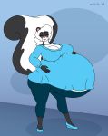  anthro belly big_belly blouse blush breasts cleavage clothed clothing eyes_closed female hi_res hyper hyper_pregnancy mammal mephitid pregnant satsumalord skunk solo 