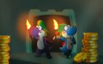 16:10 absurd_res barefoot blue_body bottomwear charmandrigo clothing coin dark exploration fan_character feet fire hi_res jewelry loincloth mario_bros markings nintendo purple_body ruins scalie torch tribal tribal_markings widescreen yoshi