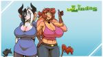  16:9 2017 alejandra_coldthorn anthro big_breasts black_hair blue_eyes blush bovid bovine breasts brown_hair cattle cleavage clothed clothing curvy_figure duo eyewear glasses green_eyes hair hand_on_hip hi_res horn huge_breasts las_lindas mammal mora_linda multicolored_hair open_mouth standing t-kay thick_thighs two_tone_hair voluptuous webcomic white_hair wide_hips 