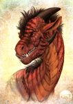  2017 archspirigvit brown_hair digital_media_(artwork) dragon feral hair headshot_portrait hi_res horn invalid_color invalid_tag male open_mouth portrait red_body red_scales scales simple_background smile solo teeth tongue 