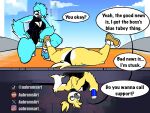 2026 4:3 4_fingers aabramsart anthro artist_name avian beak big_breasts big_butt bird black_clothing black_eyeshadow black_leotard blonde_hair blue_body blue_clothing blue_eyes blue_feathers blue_footwear blue_hair blue_shoes blue_sky blue_sneakers breasts butt cleavage_cutout clothing curvy_figure cutout day dialogue digital_drawing_(artwork) digital_media_(artwork) duo english_text eyelashes eyeshadow feathered_arms feathers female fingers footwear hair hair_over_eye hi_res instagram instagram_logo kneeling latex latex_clothing latex_leotard leotard makeup manhole multicolored_body multicolored_feathers outside ponytail red_eyes reddit reddit_logo shoes sky sneakers stuck stuck_in_ground tae_(aabramsart) tail tail_feathers text thick_thighs tiktok tiktok_logo tina_(aabramsart) tube two_tone_body two_tone_feathers url voluptuous voluptuous_anthro voluptuous_female watermark white_body white_feathers wide_hipped_anthro wide_hipped_female wide_hips x_(social_media) x_logo yellow_body yellow_clothing yellow_feathers yellow_footwear yellow_shoes yellow_sneakers