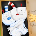 1:1 absurd_res animate_inanimate bendy_straw big_nose blue_nose brother_(lore) brothers_(lore) caught_in_the_act container cup cuphead_(character) cuphead_(game) drinking_straw duo_focus exclamation_point for_a_head grey_body grey_skin group hand_on_shoulder hi_res hug humanoid incest_(lore) k_vicko male male/male mug mugman nude nude_humanoid nude_male object_head offscreen_character red_nose sibling_(lore) small_nose studio_mdhr surprised trio twincest_(lore) twins_(lore)