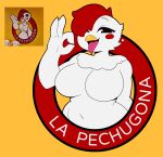 absurd_res anthro avian avian_caruncle beak big_breasts bird blush breasts chicken comb_(anatomy) exqmaster fellatio_gesture female galliform gesture head_crest heart_symbol hi_res la_pechugona looking_at_viewer phasianid solo spanish_text suggestive suggestive_gesture text white_body