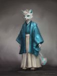  2019 2_tails anthro asian_clothing blue_eyes canid canine clothed clothing digital_media_(artwork) east_asian_clothing etis fox fully_clothed fur hi_res japanese_clothing kimono male mammal markings multi_tail saterina simple_background smile solo standing white_body white_fur 