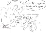  ... ambiguous_gender anthro binoculars black_and_white canid canine clothed clothing dialogue disney english_text fox group judy_hopps lagomorph leporid mammal monochrome necktie nick_wilde rabbit shirt simple_background sitting sketch speech_bubble sweater tank_top text topwear violet_hopps visiti white_background zootopia 