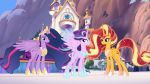  16:9 2019 3d4d canterlot castle cutie_mark equestria_girls equid feathered_wings feathers female feral friendship_is_magic group hair hi_res horn mammal mountain multicolored_hair my_little_pony outside sky smile starlight_glimmer_(mlp) sunset_shimmer_(eg) twilight_sparkle_(mlp) two_tone_hair winged_unicorn wings 