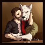  1:1 anthro canid canine clothed clothing duo facial_hair fur hi_res hug human male male/male mammal romantic romantic_couple scarf sepulte white_body white_fur 