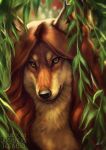  anthro black_nose brown_hair canid canine canis detailed fluffy front_view fur green_eyes hair inner_ear_fluff johis leaf looking_at_viewer mammal orange_body orange_fur plant signature solo tuft whiskers white_body white_fur wolf 