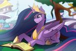  2019 acesential book canterlot crown equid feathered_wings feathers female feral friendship_is_magic hi_res horn jewelry mammal my_little_pony necklace outside smile solo twilight_sparkle_(mlp) winged_unicorn wings 