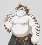  2019 anthro belly bottomwear clothing felid fur humanoid_hands licho_(tas) male mammal merdekyle7 merfiller_(artist) moobs navel nipples overweight overweight_male pantherine pants simple_background solo tiger tokyo_afterschool_summoners video_games white_body white_fur 