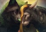  abstract_background black_body black_fur blonde_hair brown_eyes canid canine canis detailed duo felid feline feral fluffy fur green_body green_fur green_nose hair inner_ear_fluff johis looking_at_another mammal pink_nose purple_eyes tuft whiskers wolf 