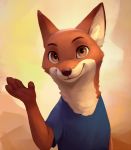  abstract_background ambiguous_gender anthro black_nose brown_eyes canid canine cheek_tuft claws clothed clothing elodoart face_tuft fox front_view fur gloves_(marking) half-length_portrait hi_res inner_ear_fluff light lighting looking_at_viewer mammal markings orange_body orange_fur portrait red_fox shirt smile solo topwear tuft white_body white_fur 
