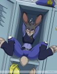  anthro bite biting_lip clothing disney female fur grey_body grey_fur hi_res judy_hopps lagomorph leporid mammal pink_nose police_uniform purple_eyes rabbit solo spread_legs spreading uniform yawg zootopia 