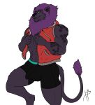  1ceberg absurd_res anthro bulge claws clothing erection felid fur green_eyes hi_res jacket lion male mammal mane muscular muscular_male pantherine pose purple_body purple_fur sleeveless smile solo standing tattoo topwear underwear 