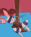  absurd_res anthro arms_tied bdsm blazera blindfold bound buckteeth candy chocolate comic dialogue disney egg english_text female food food_play fur grey_body grey_fur hi_res judy_hopps lagomorph legs_tied leporid lying mammal on_back open_mouth open_smile pussy rabbit red_background simple_background smile solo spread_legs spreading teeth text tongue zootopia 