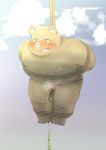  2019 anthro belly blush bodily_fluids bound chocobibear clothing crying domestic_pig genital_fluids hi_res male mammal moobs navel nipples omorashi outside overweight overweight_male peeing rope solo suid suina sus_(pig) tears underwear urine wet 