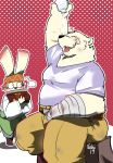  2019 anthro belly blush bottomwear clothing duo eyes_closed fur hi_res lagomorph leporid male mammal overweight overweight_male pants rabbit realiron_(artist) shirt simple_background sitting tongue tongue_out topwear ursid wet white_body white_fur 